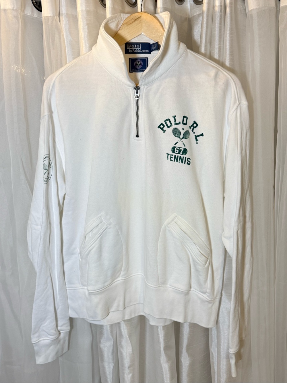 Polo by Ralph Lauren White Half-Zip Tennis Sweatshirt with Green Logo